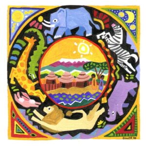 Stylized cartoon graphic of African animals in a circle surrounding an African village scene in front of a mountain range. This art is representative of our Organic Uganda single origin medium roast coffee.