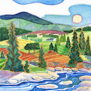 A light and bright springtime landscape showing a gentle river in the foreground, trees and green fields in the middle, then mountains in the background. This art represents our West Branch organic blend.