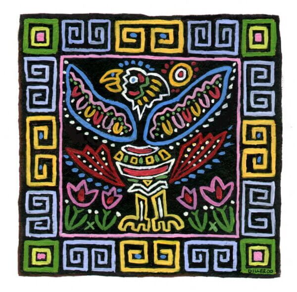 An illustration of a bird with outstretched wings in an Aztec art style, with colored lines and angles. Blue, yellow, green and pink. This art represents our Panama single origin coffee.