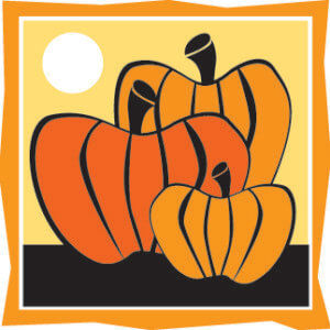 A digital painting of three pumpkins sitting on black ground with a yellow sky behind them. In the sky is a perfect, round sun. A wavy orange frame surrounds the pumpkins. This is the art for our pumpkin spice flavored coffee.