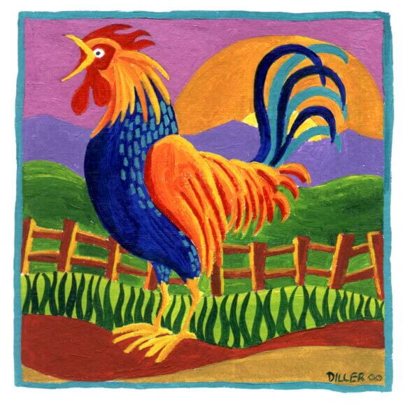 A painting of a large rooster crowing in front of a farm fence at sunrise. This is the art for our rooster dark roast blend.