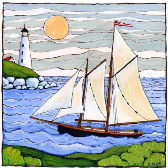 A painting of a sailboat (a schooner) coming in to a harbor on the coast of Maine. A light house is visible in the background, in front of a sky full of whispy clouds and a big yellow sun. This art represents our schooner blend coffee.