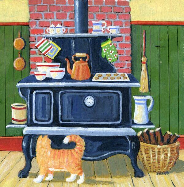 A painting of an old fashioned, wood-burning cook stove in front of a brick chimney. In front of the stove is a ginger cat, and on top of the stove, next to a kettle, is a tray of freshly baked cookies. This is the art that represents our Snickerdoodle flavored coffee.