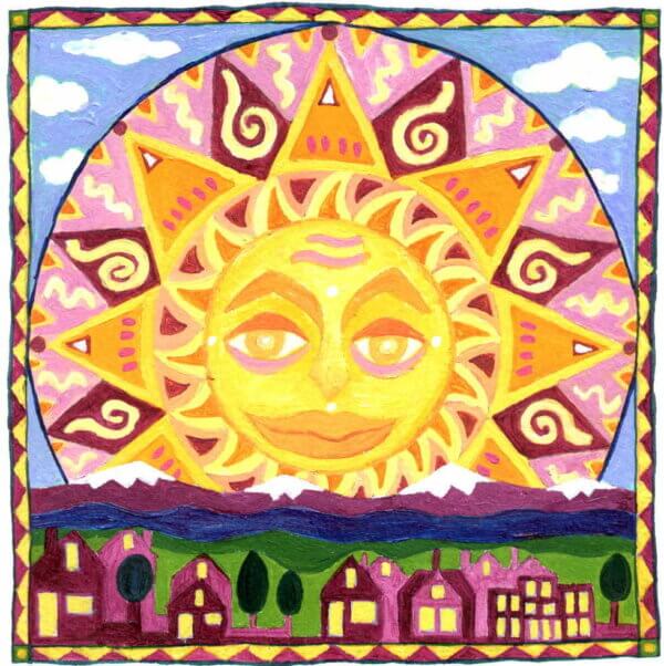 A cartoon-style painting of a large sunshine with a smiling face rising over the mountains and the lit windows of small houses. This art represents our sunrise blend.