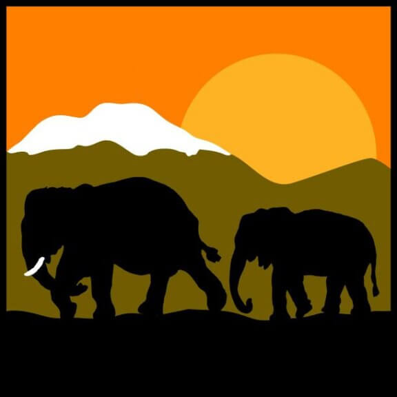 Silhouette of two elephants (a mother and baby) walking toward the left in front of a big sun setting behind snow topped mountains. This is the art that represents Tanzania Peaberry single origin coffee.