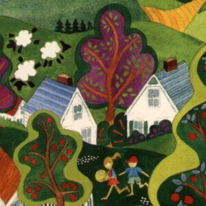 A painting of two houses cornering a brown tree. Two children play in the foreground. Three sheep frolic in the background. This art represents our toasted almond flavored coffee.