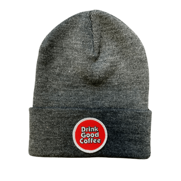 Charcoal tight knit winter beanie hat with red Drink Good Coffee logo on the front.
