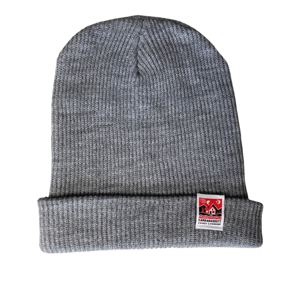 Light Gray waffle knit beanie hat with square Carrabassett Coffee Company house logo on the left side.