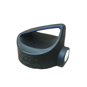 Angled view of black plastic water-bottle style lid (you have to remove the top entirely to drink) with a loop top and a magnet on one side to stick onto the magnetic strip on our stainless steel travel mug.