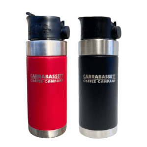 Photograph of two travel mugs. One red. One black. With Carrabassett Coffee Written on the front.