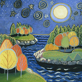 A painting of a river at night, with two islands covered in trees. The stars in the sky are accompanied by swirls and a glowing moon, which reflects on the waves. Trees in greens, yellows, and oranges decorate the plots of land. This art is used to represent our organic coffee specials.