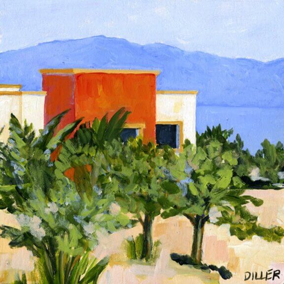 A painted image of the town of La Ventana in Mexico. Features trees or bushes in front and flat-roofed buildings in back. The art for Organic Mexico.