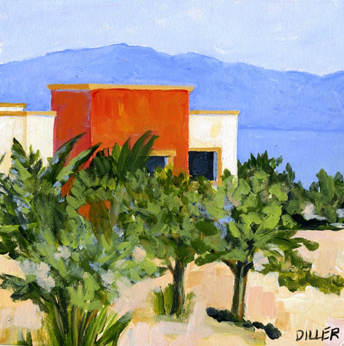 A painted image of the town of La Ventana in Mexico. Features trees or bushes in front and flat-roofed buildings in back. The art for Organic Mexico.
