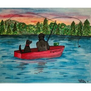 A painting of a man and a dog in a rowboat, fishing on a pond surrounded by pine trees at sunset. This art represents our Sparky's Blend coffee.