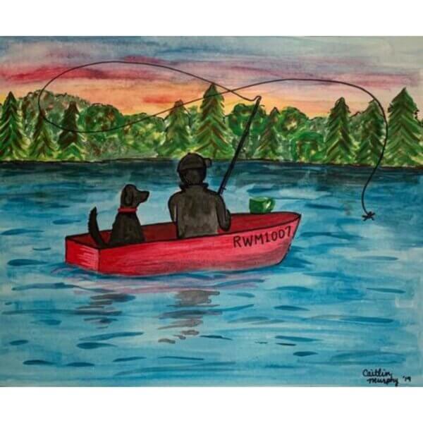A painting of a man and a dog in a rowboat, fishing on a pond surrounded by pine trees at sunset. This art represents our Sparky's Blend coffee.