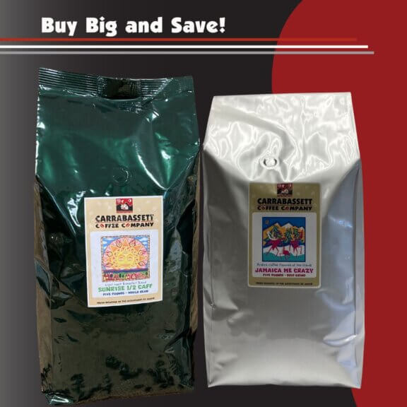 Buy Bog and Save! an image of two 5 pound bags of coffee in front of a black and red background.