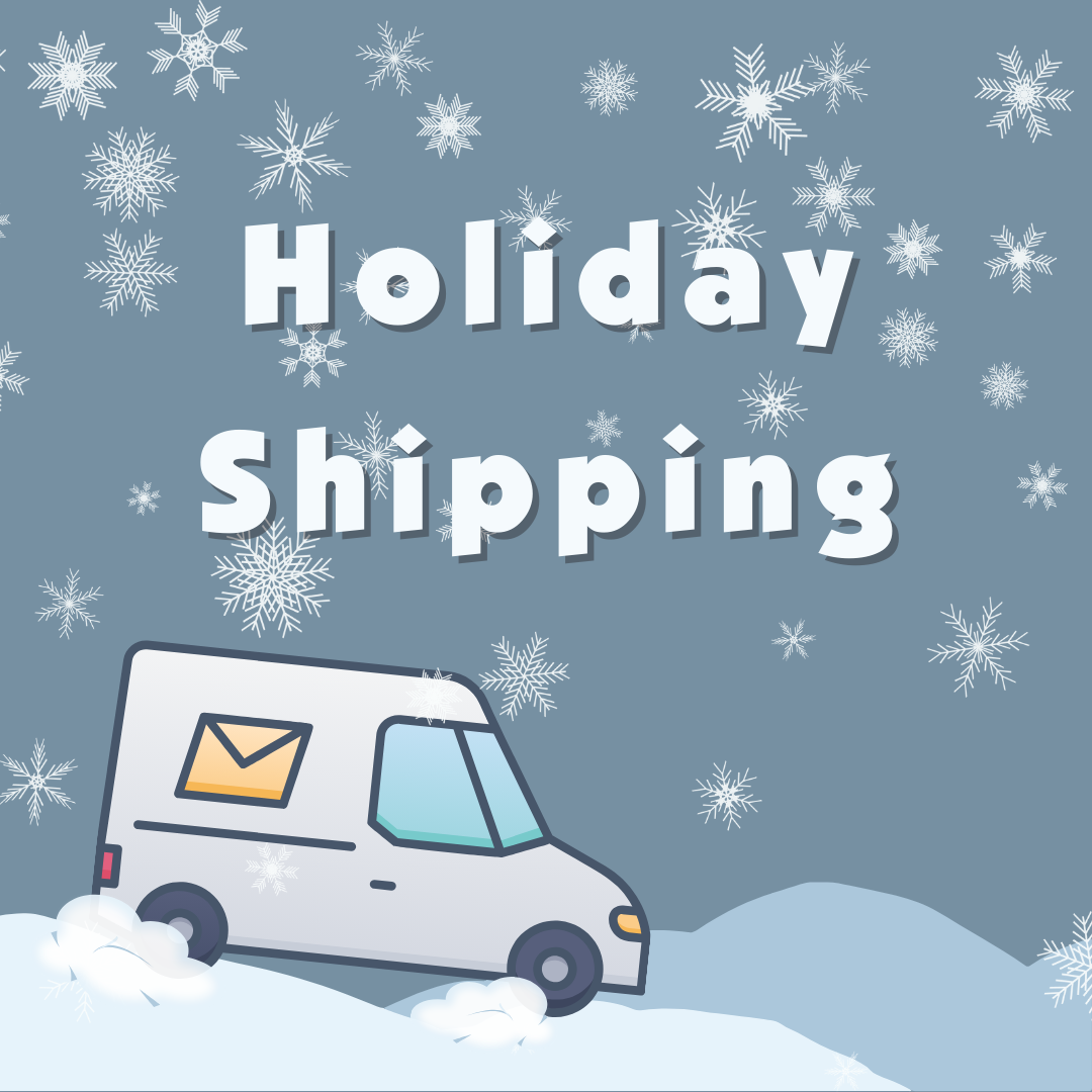 Illustration of a mail delivery van driving through the snow as snowflakes fall with the words: "Holiday Shipping"