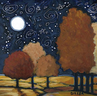 An image of brown-leafed trees in front of a swirling starry night sky. This art represents our Toasted Southern Pecan flavored special for both regular and decaf.