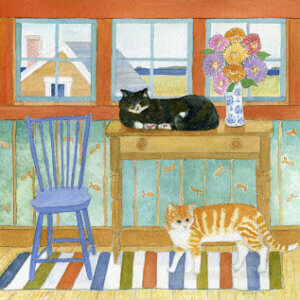 A painting of a kitchen table by a window with flowers on the table and two cats. This art represents our Banana Nut flavored coffee special.