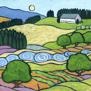 A painting of rolling green hills. This art represents our Irish Creme flavored coffee special and our Decaf Irish Creme flavored coffee special.