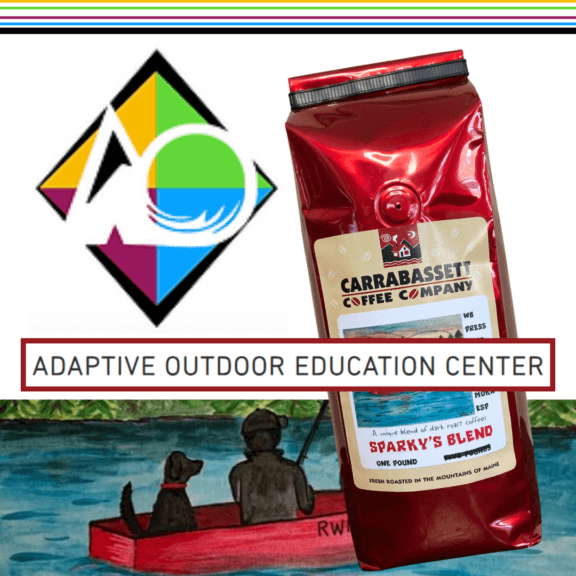 An image of a one pound bag of Sparky's Blend, along with the Adaptive Outdoor Education Center Logo, the bag art from the Sparky's Blend bag (a man and his dog fishing in a red canoe) and the words: Adaptive Outdoor Education Center.