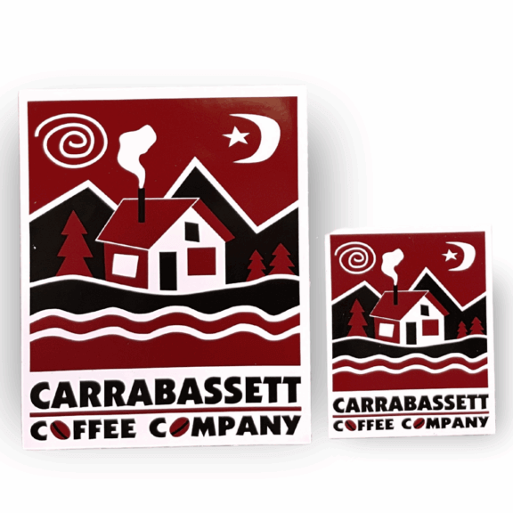 Two vinyl square Carrabassett Coffee Company Logo Stickers- large on the left and small on the right.