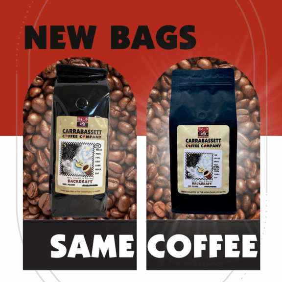 New bags Same Coffee. Image of old one-pound bag and new one-pound bags of backdraft.