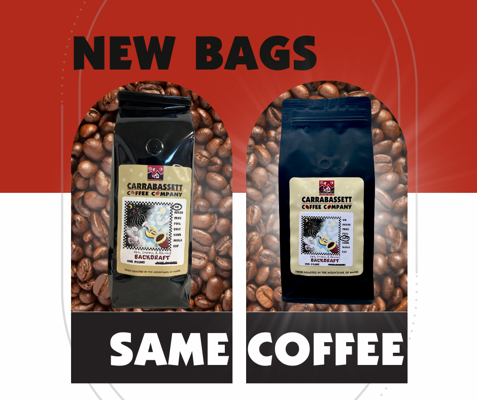 New bags Same Coffee. Image of old one-pound bag and new one-pound bags of backdraft.