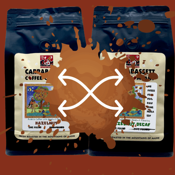 two one pound coffee bags side by side (Hazelnut and Hazelnut Decaf) with a big coffee splotch in the center and cross-crossing arrows.