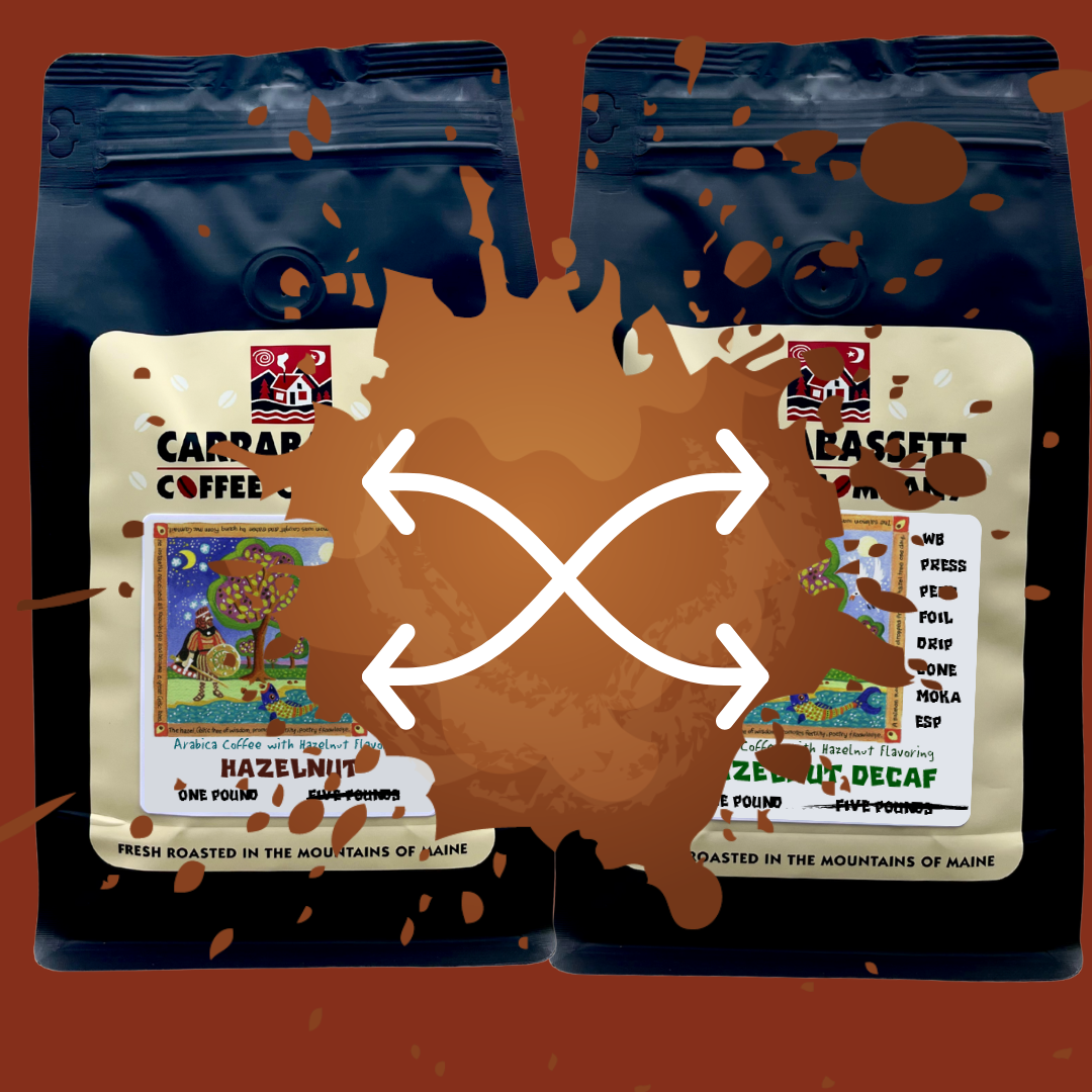 two one pound coffee bags side by side (Hazelnut and Hazelnut Decaf) with a big coffee splotch in the center and cross-crossing arrows.