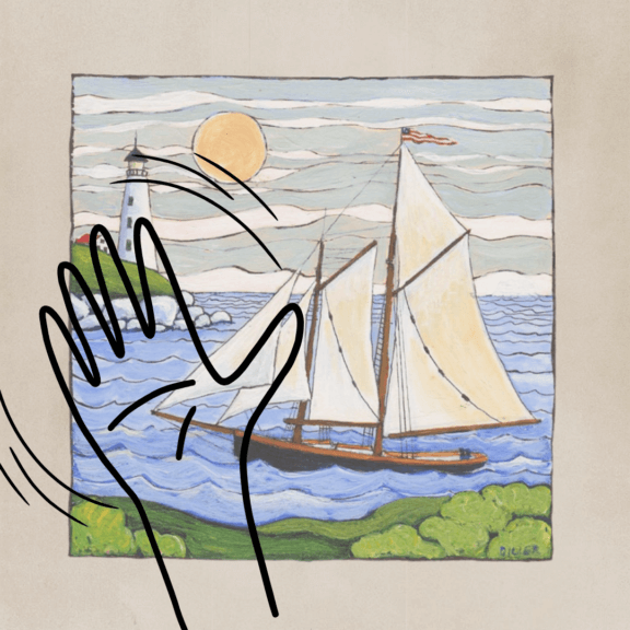 A drawing of a hand with "motion lines" surrounding it to indicate waving, in front of the faded "Schooner" coffee label artwork.