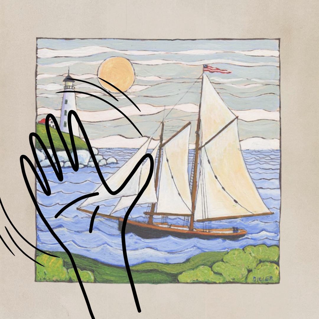 A drawing of a hand with "motion lines" surrounding it to indicate waving, in front of the faded "Schooner" coffee label artwork.